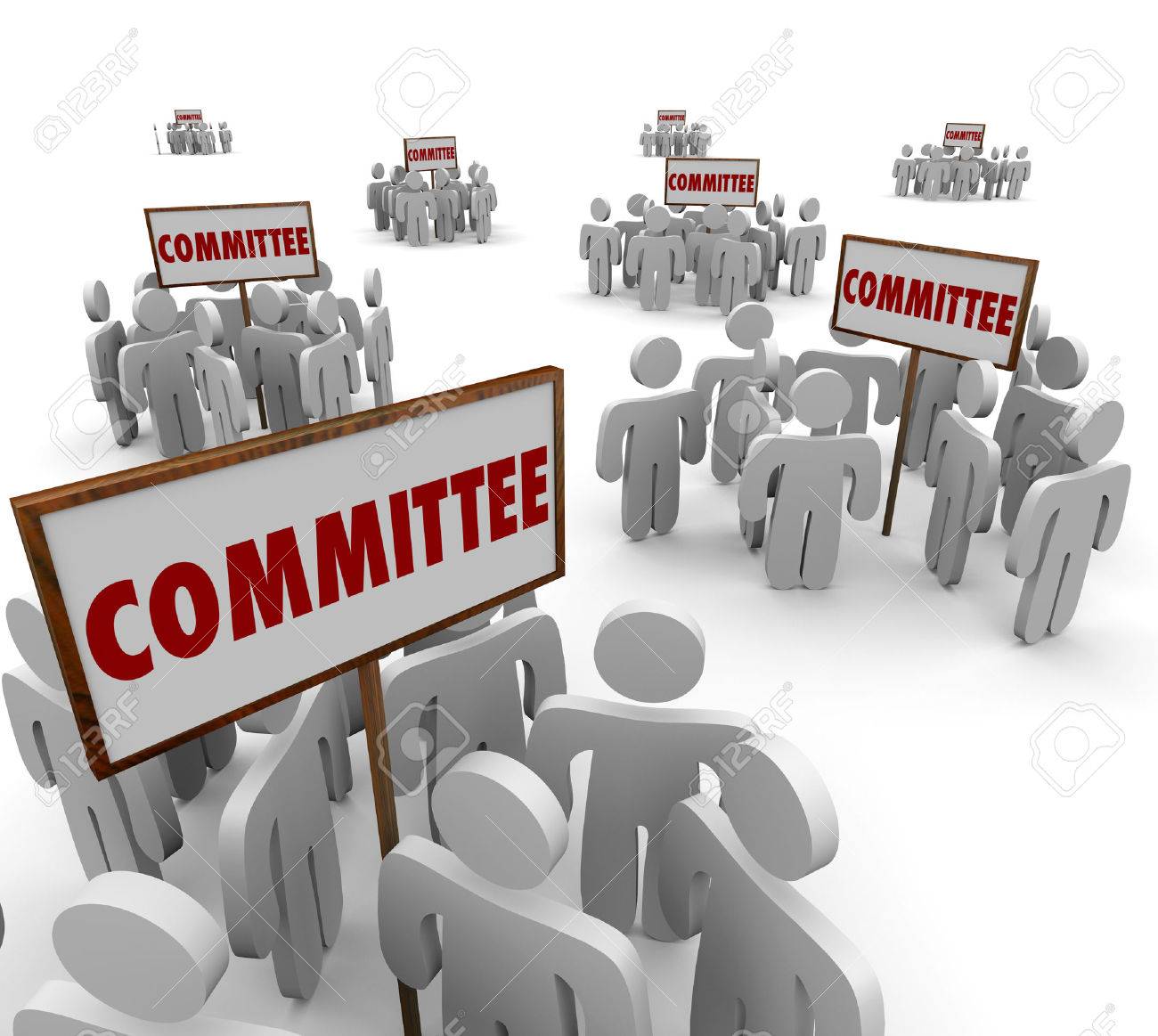 committee signs and people working together on teams or task stock
