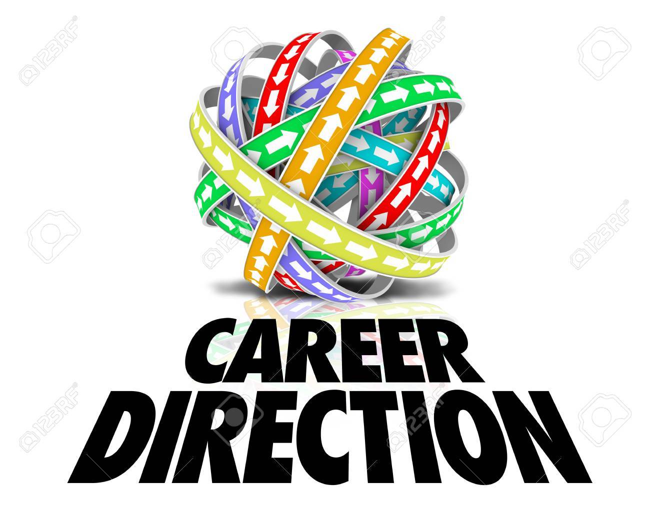 career direction words under a ball or sphere of color bands stock carreer direction