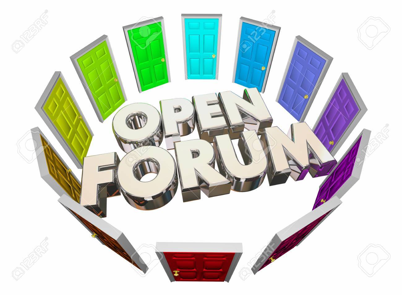 open forum many doors public meeting words 3d illustration stock meeting words