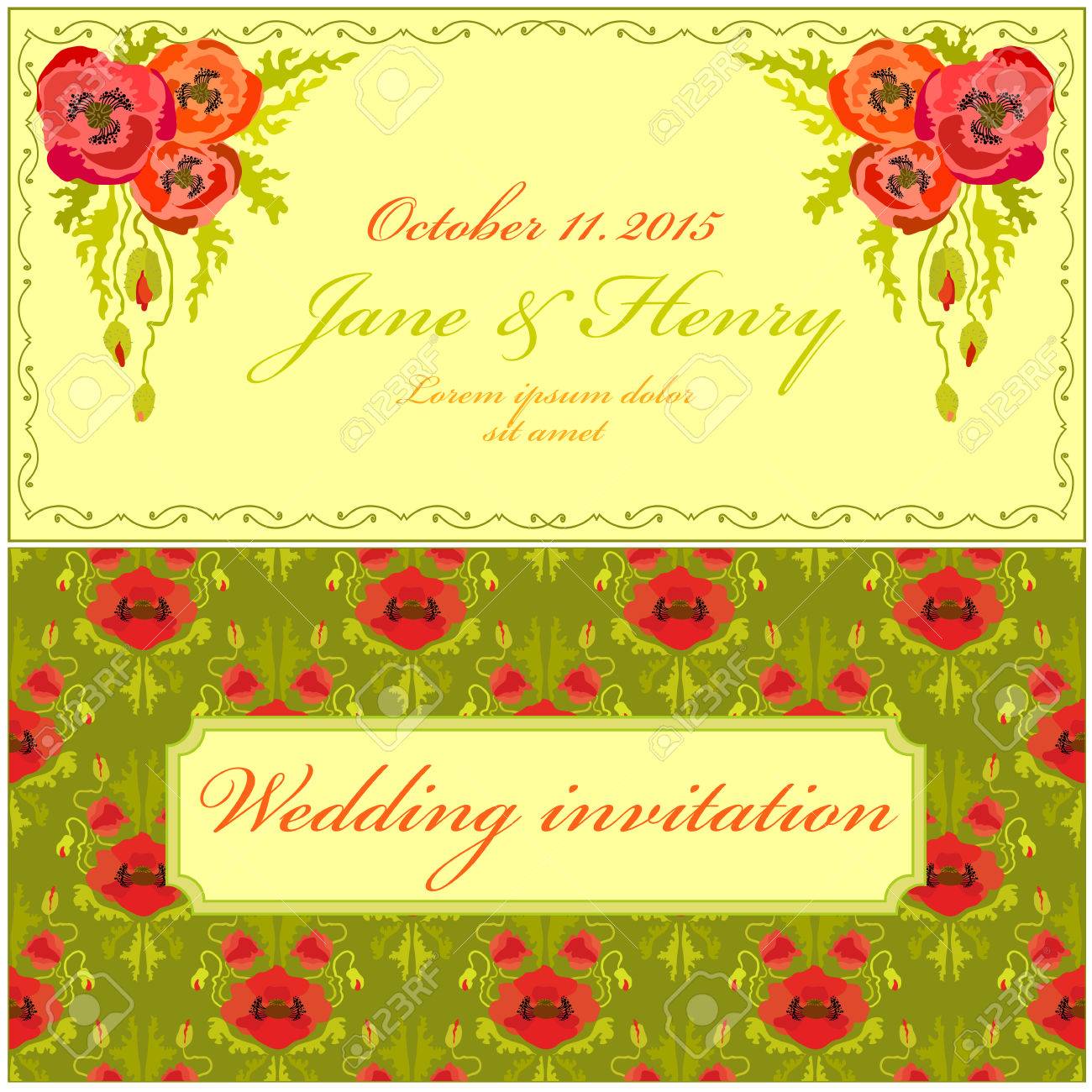 yellow green and red poppy flower wedding invitation vintage