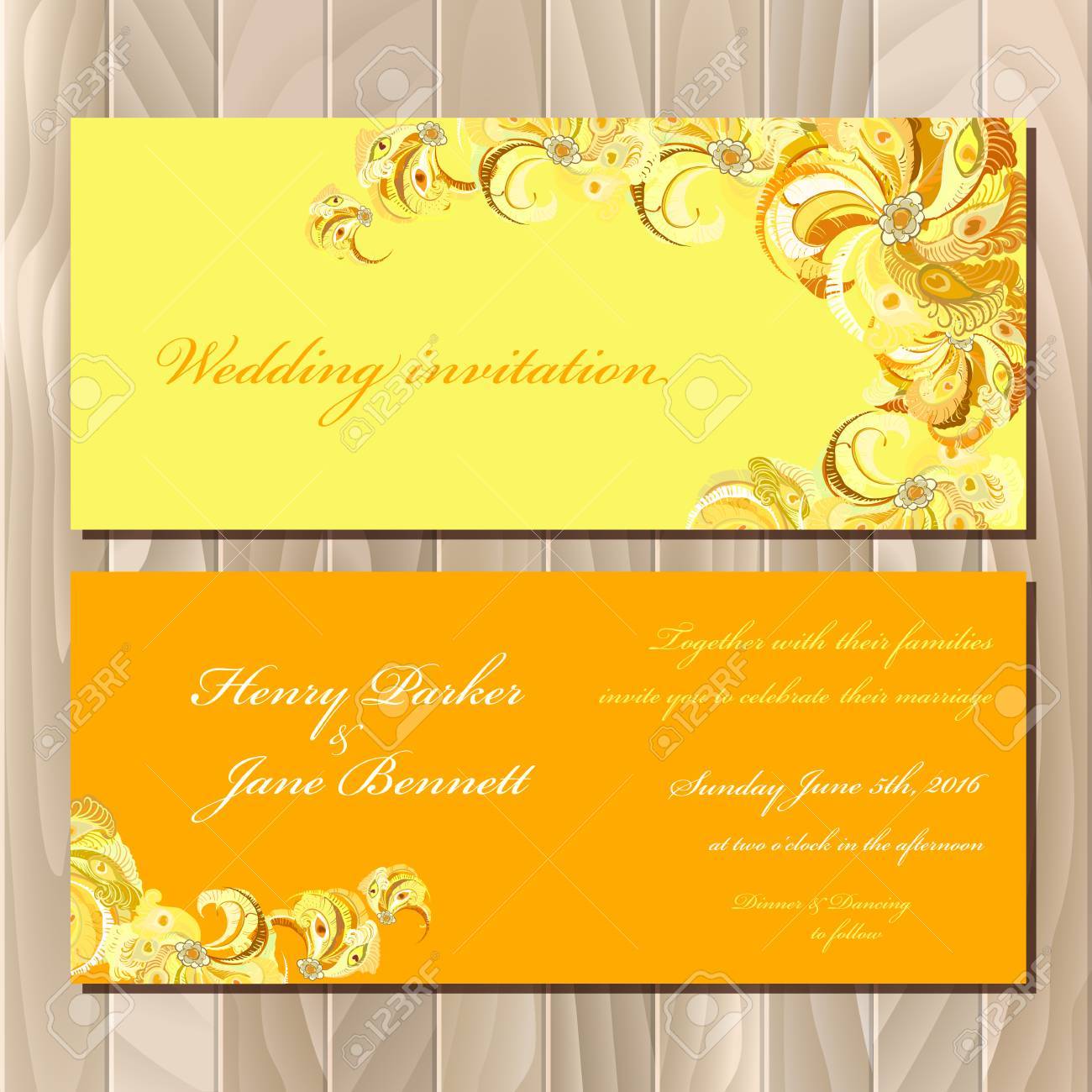 Wedding Invitation Card With Peacock Feathers. Printable Backgrounds Set.  Orange Yellow Horizontal Design. Vector Illustration. Royalty Free SVG,  Cliparts, Vectors, And Stock Illustration. Image 48676372.