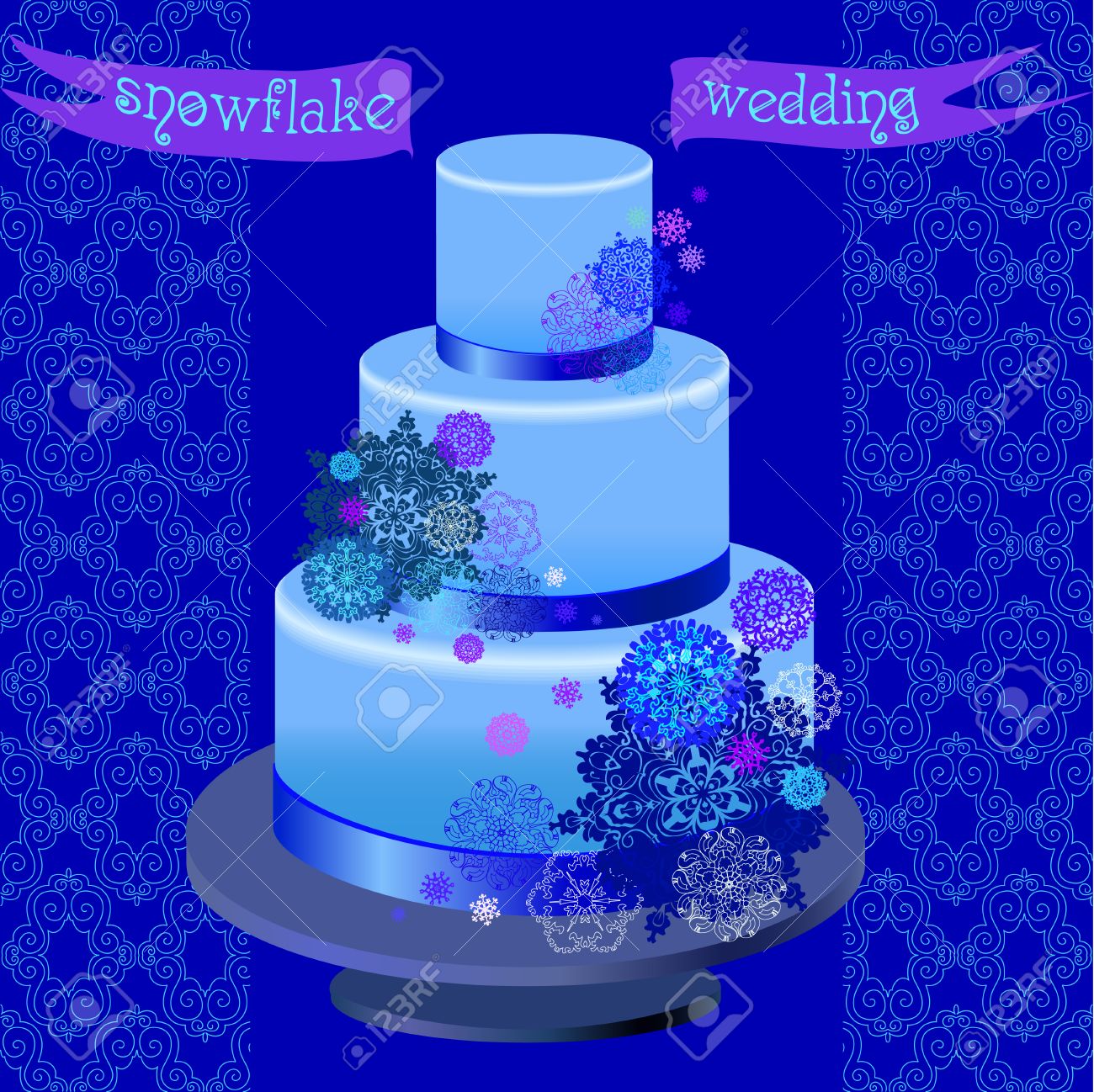冬雪の結晶と星でウェディング ケーキ 冬の結婚式の青とシアンの暗いデザイン テンプレート 愛をこめてあなたの結婚式 本文雪片ウエディング ケーキをリボンします ベクトルの図 のイラスト素材 ベクタ Image