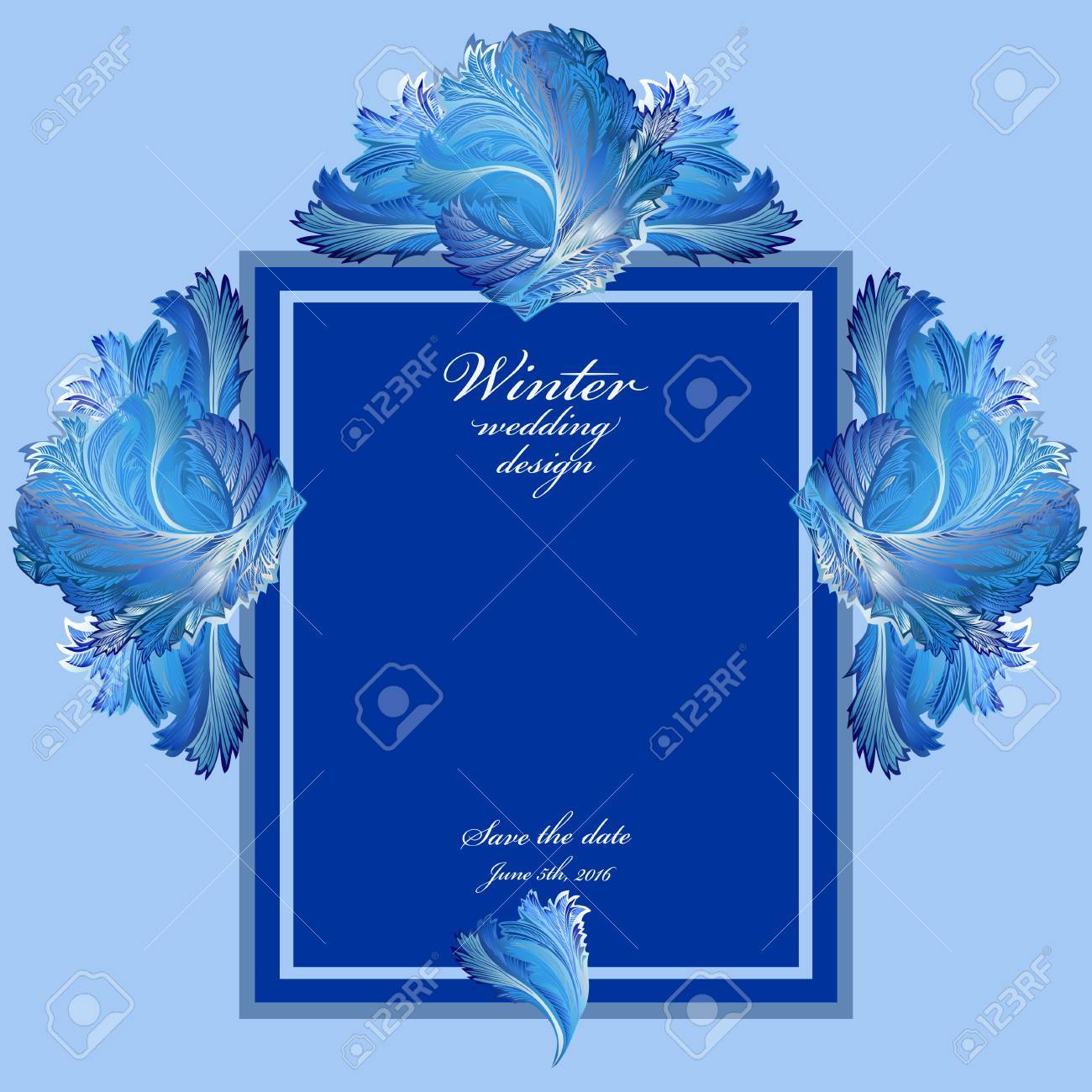 寒い冬氷髪飾り結婚式フレーム 霧氷テクスチャ装飾背景 冬青い凍結ガラス背景 青の正方形テンプレートとテキストの冬の結婚式のデザイン 日付を保存します ベクトルの図 のイラスト素材 ベクタ Image