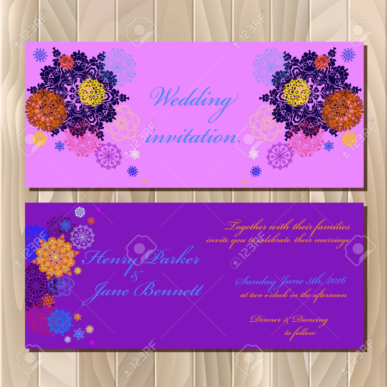 pink wedding invitation card with red gold blue and white