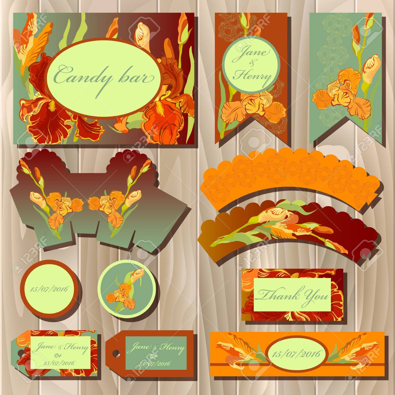 パーティー 誕生日や結婚式を祝うために印刷可能な背景のアイリスの花とレースのセットです 赤オレンジ色の菖蒲の花 花束背景 日付とあなたに感謝のテキストを保存します お菓子のパッケージ デザイン バー のイラスト素材 ベクタ Image