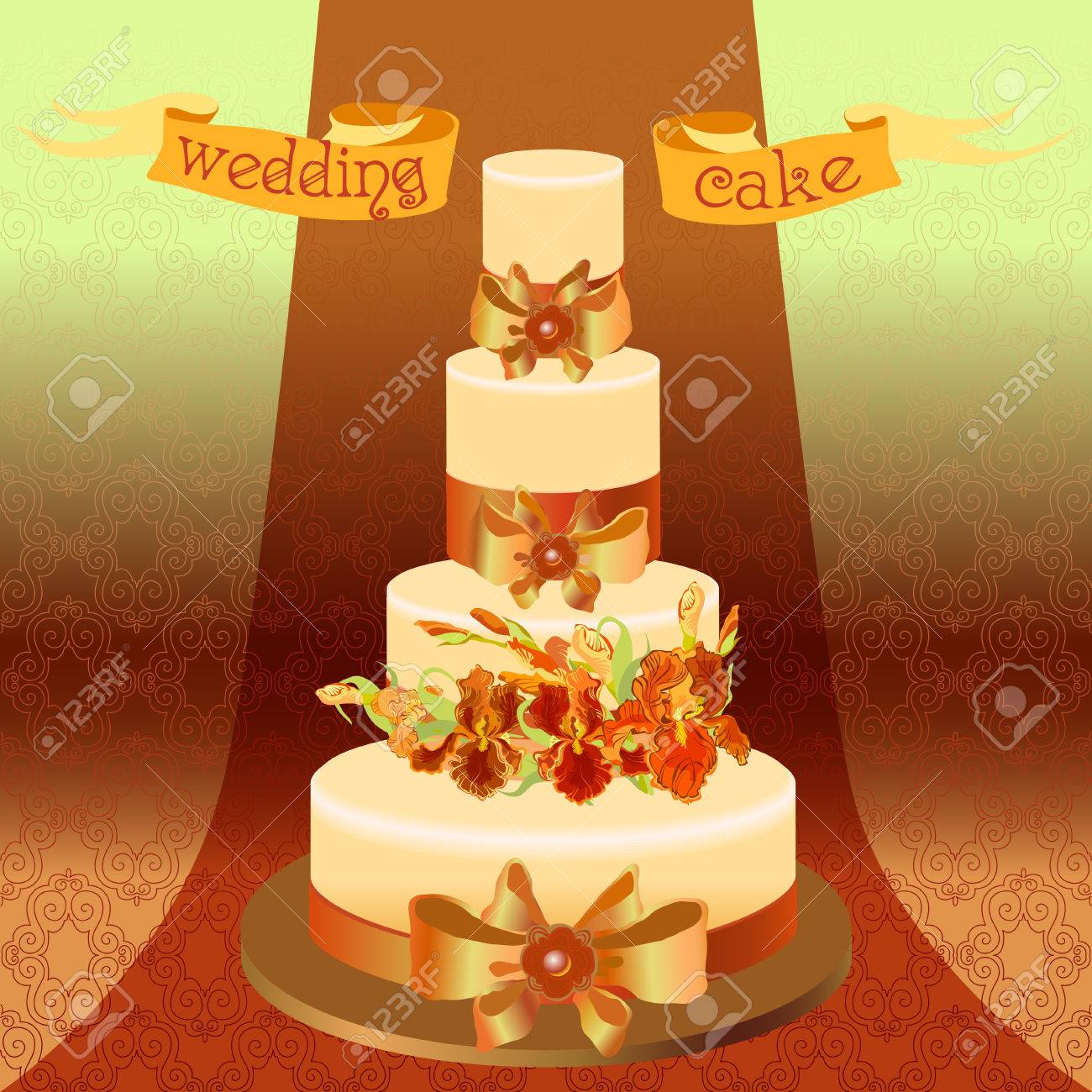Gateau De Mariage Avec Rouge Orange Jaune Fleurs D Iris Belle Dessert Mariage Mariage Iris Rouges Bouquet Dessine A La Main Illustration Vectorielle Fond Rouge De Damas Vert Vecteur Mariage Illustration Clip Art