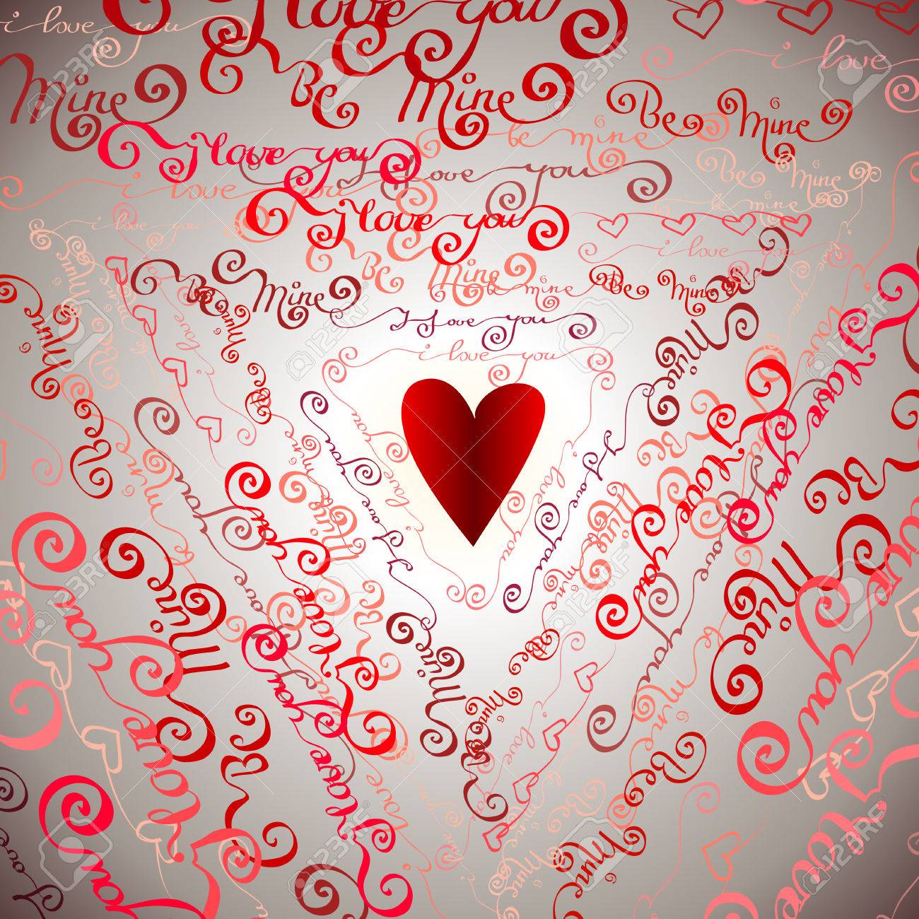 愛のカードです バレンタイン当日の背景 手書き赤ビーマイン 言葉の三角形形状の背景 あなたを愛して タイポグラフィ デザインと赤いハート ラヴユー 赤で示したベクトル手書き文字銀の背景 のイラスト素材 ベクタ Image