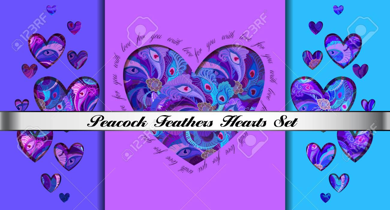 set of peacock feathers design valentines card templates decorative heart shaped cards templates
