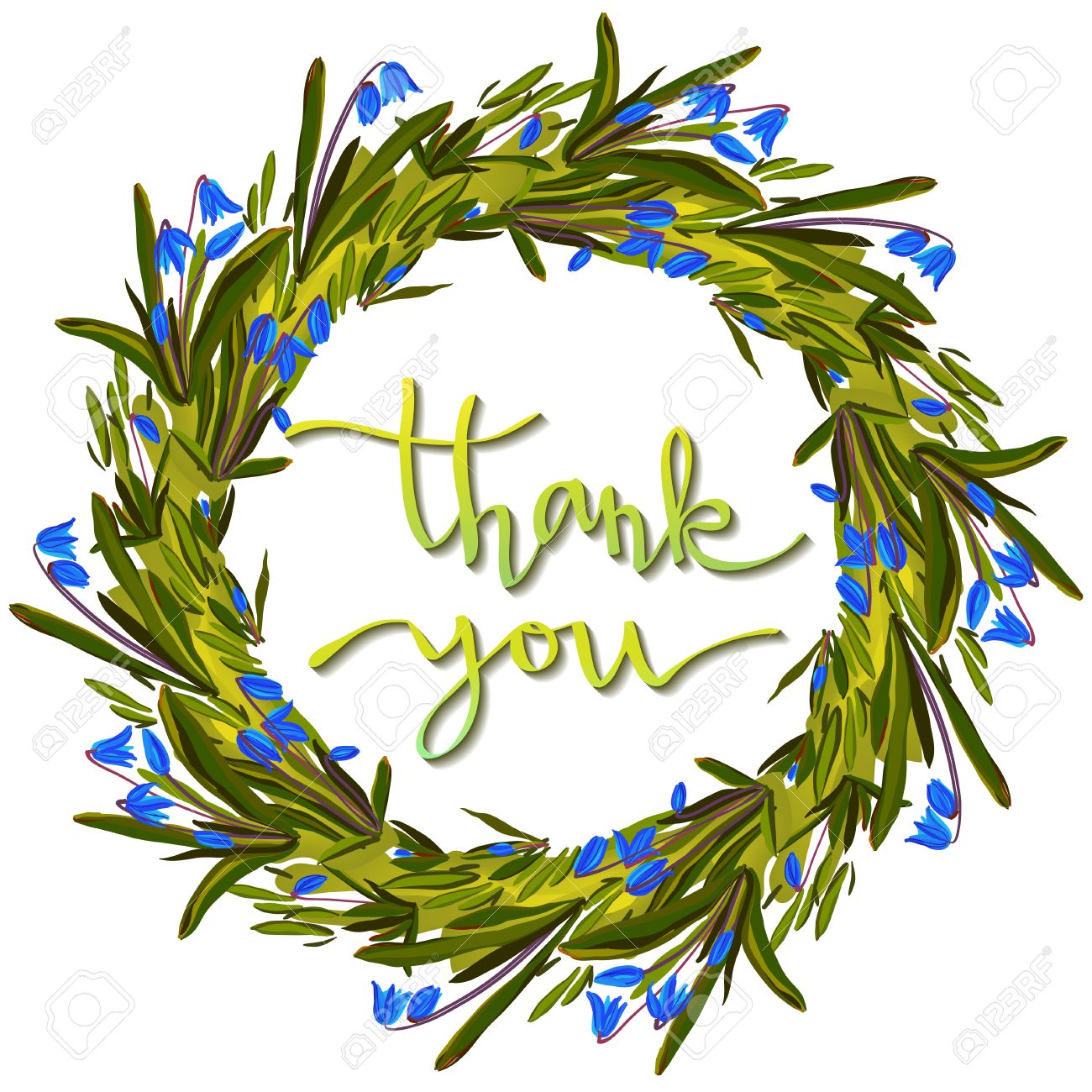 春書道カード 手描き下ろし海草青い花の花輪 書道の引用ありがとうございます 手書きレタリング引用 春スノー ドロップ花サークル枠白地分離のイラスト素材 ベクタ Image