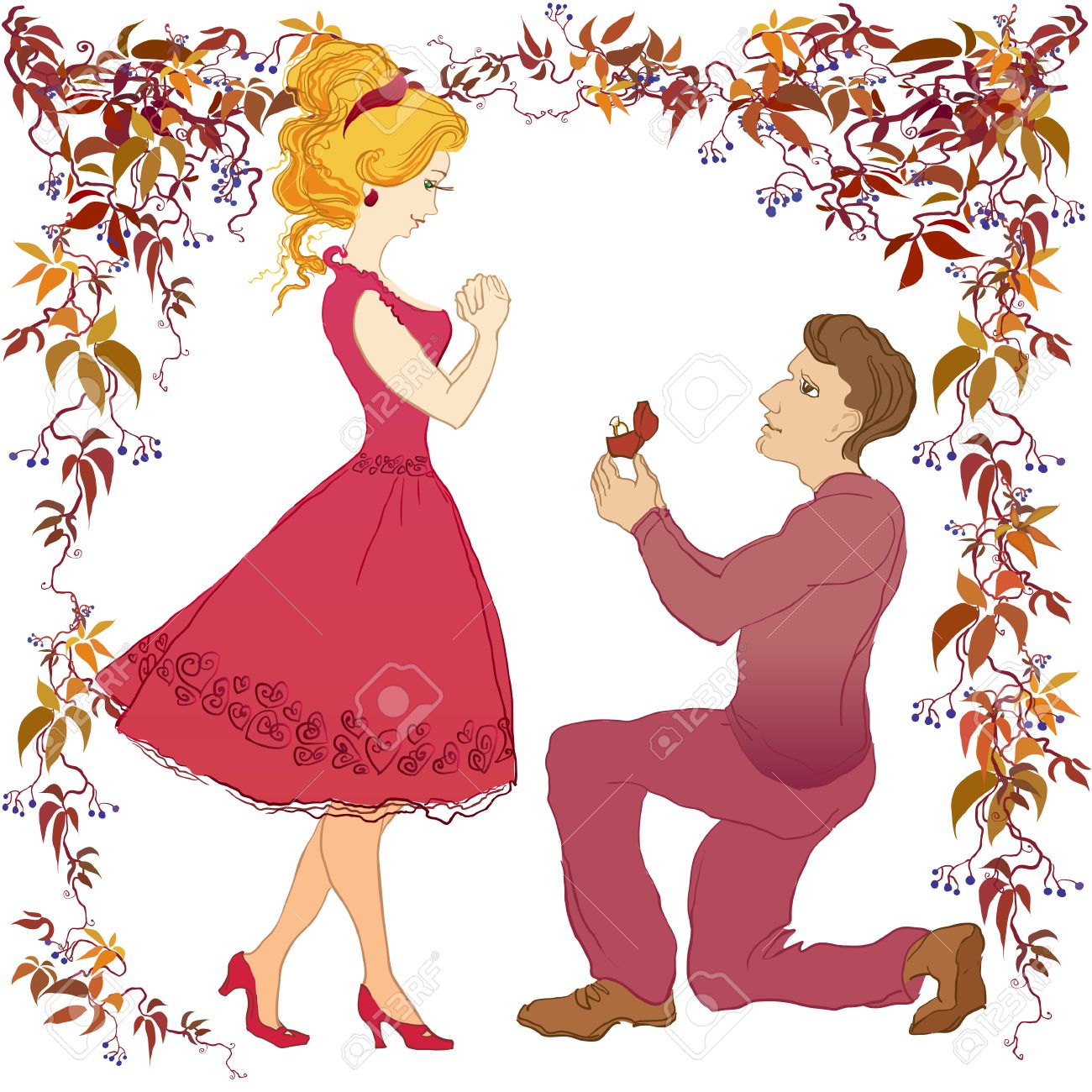 結婚提案ベクトル漫画愛話彼氏と彼の最愛の 男のガール フレンドにプロポーズになります ダイヤモンドの結婚指輪 私は結婚の図です 分離された白の幸せな若いカップルのイラスト素材 ベクタ Image