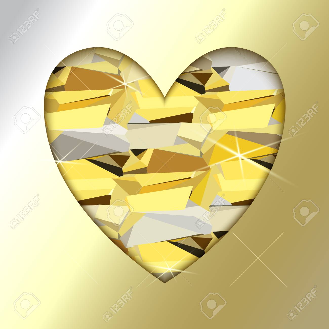黄金背景ゴールド ハート 金の幾何学模様とハートのフレーム バレンタイン愛の三角形のパターンを持つカードと光沢のある輝き ベクトル ストック イラスト のイラスト素材 ベクタ Image