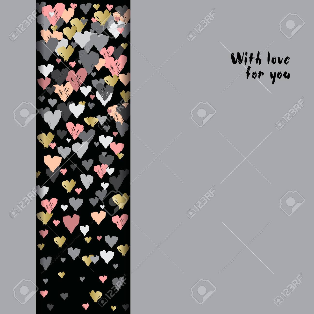 ブラック ストライプの背景に心紙吹雪と灰色の縦型デザイン ロマンチックなトレンディなハートのフレーム 愛カード バレンタインの日の挨拶のバレンタイン日のデザイン ベクトル ストック イラスト のイラスト素材 ベクタ Image