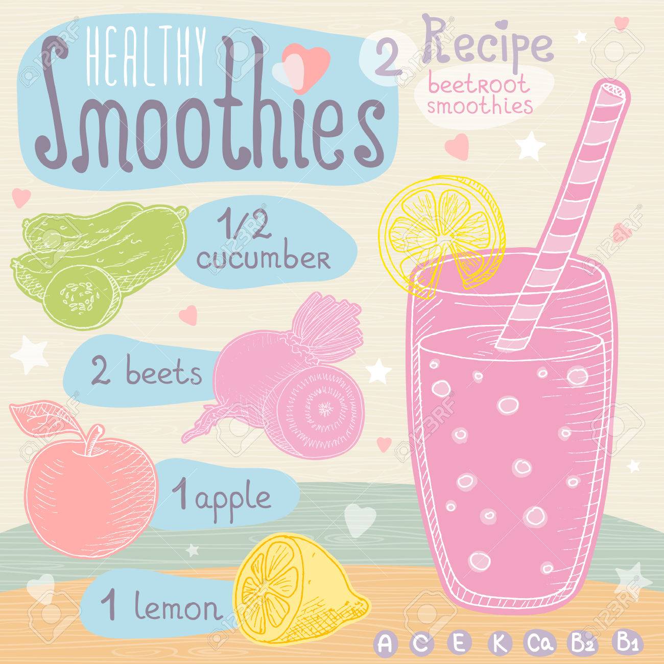 健康スムージー レシピのセットです 食材 ガラス 星 ハートやビタミンのイラスト かわいい落書きスタイルで描画の手 ビートのスムージー キュウリ ビート アップル レモン のイラスト素材 ベクタ Image