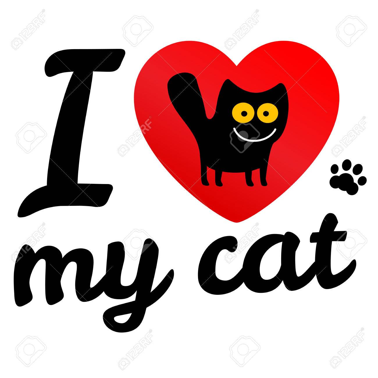 J Aime Mon Chat Illustration D Icone Vectorielle Imprimer Le Chat Noir Avec Des Yeux Jaunes Un Style De Bande Dessinee Au Coeur Rouge Clip Art Libres De Droits Vecteurs Et Illustration Image