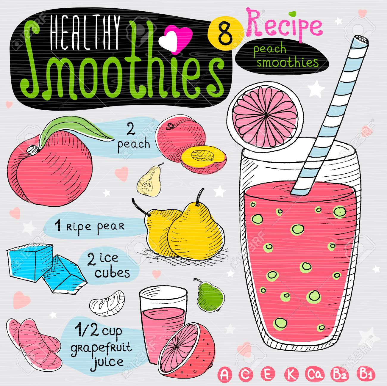 Healthy Smoothie Recipe Set With Illustration Of Ingredients Glass Stars Hearts And Vitamin Hand Drawn In Sketch Style Peach Smoothie Peach Pear Grapefruit Ice Royalty Free Cliparts Vectors And Stock Illustration Image