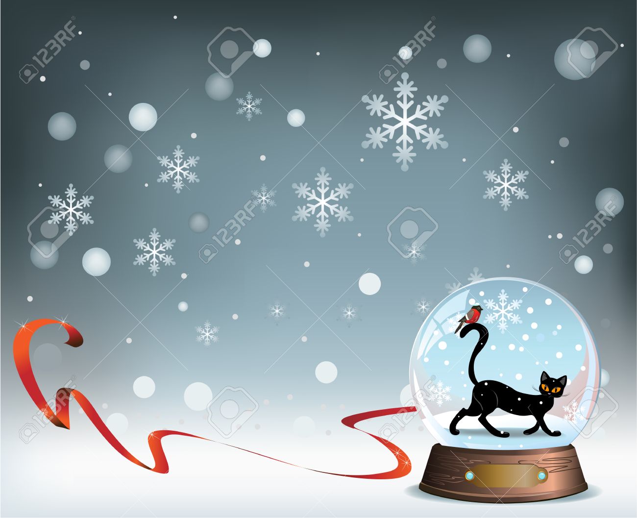 Hiver Elegant Fond De Noel Avec Ruban Rouge Et Un Verre De Boule De Neige Avec Le Chat Noir Et Oiseau A L Interieur Clip Art Libres De Droits Vecteurs Et Illustration