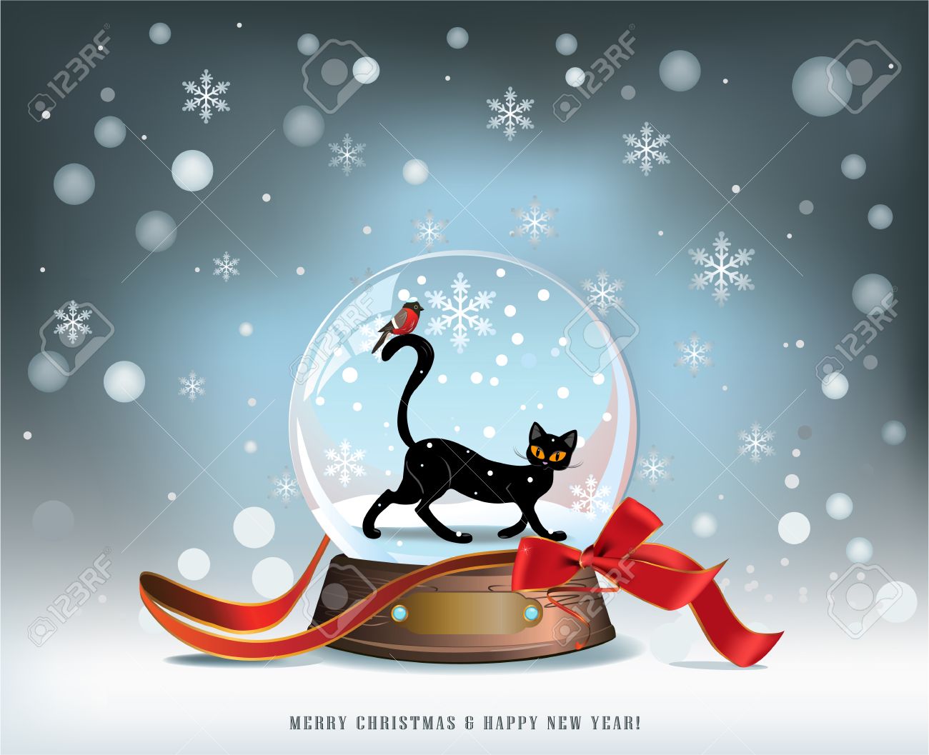 Hiver Elegant Fond De Noel Avec Ruban Rouge Et Un Verre De Boule De Neige Avec Le Chat Noir Et Oiseau A L Interieur Clip Art Libres De Droits Vecteurs Et Illustration