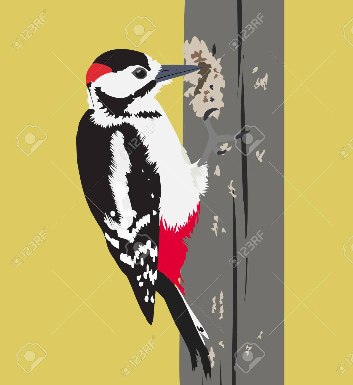 木の幹でのキツツキ鳥の飛行のベクトル図です。のイラスト素材