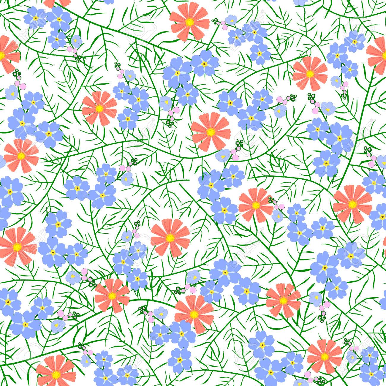 シームレスな花模様のベクター イラストです 青とオレンジ色の花は 白い背景の上の緑の細い葉 のイラスト素材 ベクタ Image