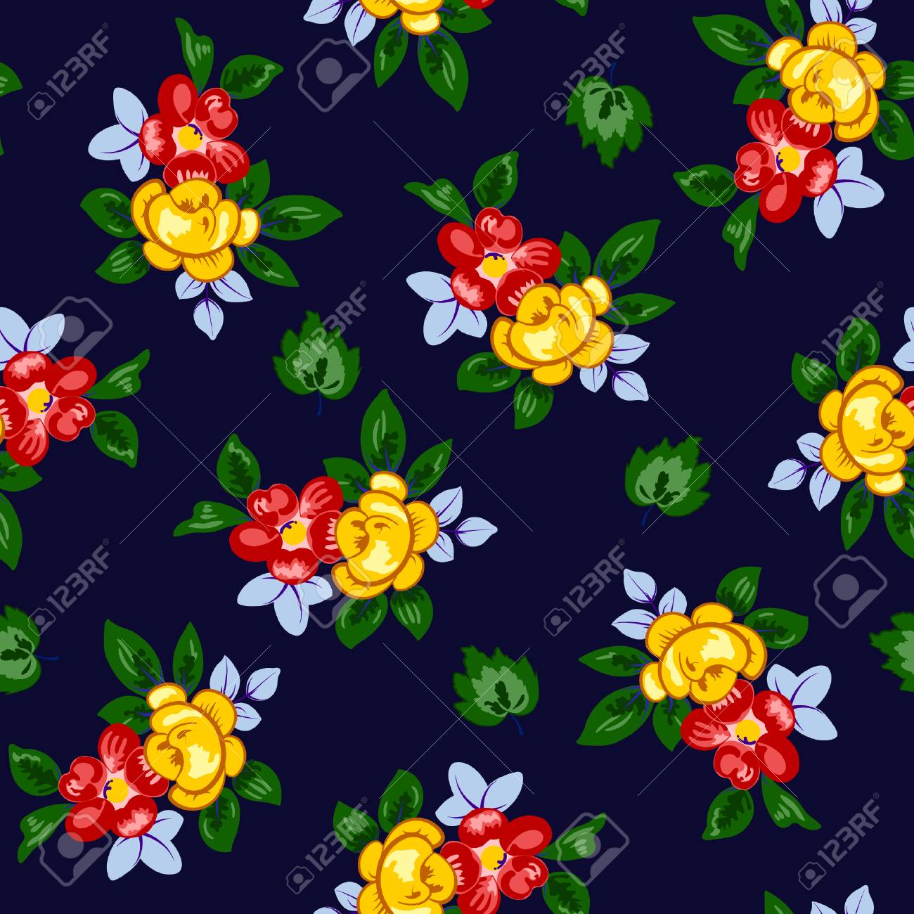 シームレスな花模様のベクター イラストです 美しい赤と黄色の花 青と緑は暗い青色の背景に残します のイラスト素材 ベクタ Image