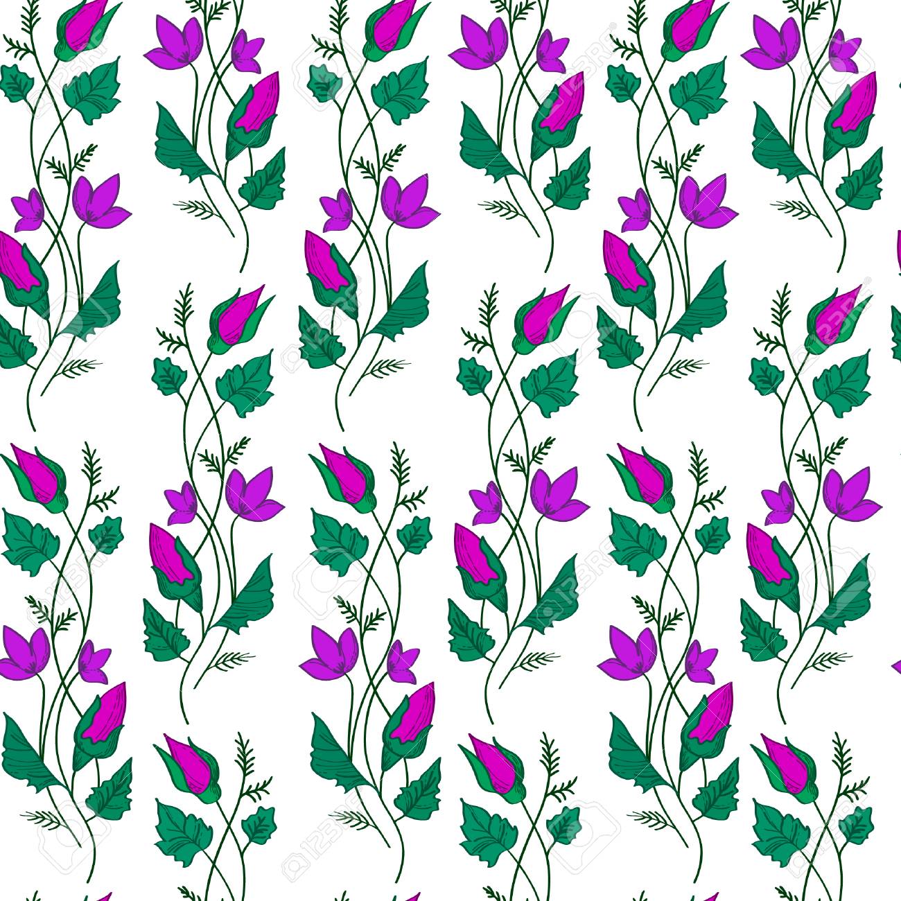 白い背景に波状の紫色の花と緑の葉のベクトルイラスト 縫い目のパターン のイラスト素材 ベクタ Image 白い背景に波状の紫色の花と緑の葉のベクトルイラスト 縫い目のパターン のイラスト素材 ベクタ Image