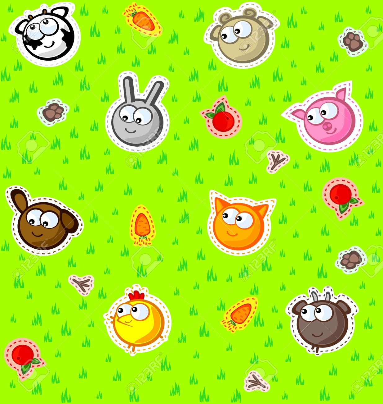 変な顔農場の動物の緑の芝生の背景 子供のための壁紙します ベクトルのシームレスなテクスチャです 刺繍アップリケ様式化されました のイラスト素材 ベクタ Image