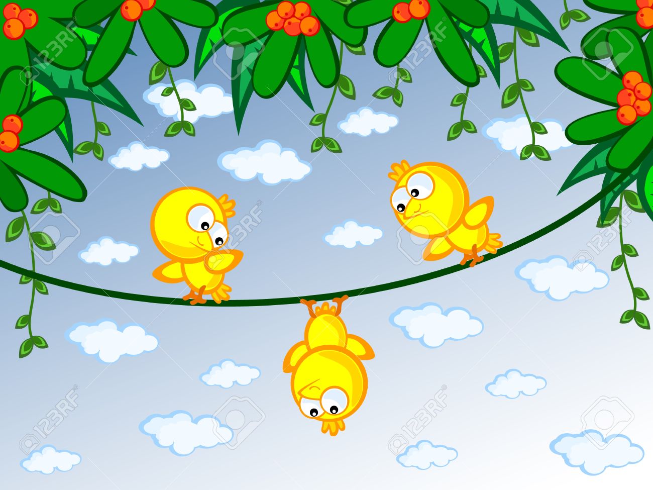 Three Cheerful Canary On A Branch One Of Them Is Sitting Upside Down  Children S Cartoon Scene Royalty Free SVG, Cliparts, Vectors, and Stock  Illustration. Image 15743013., image size:1300x975