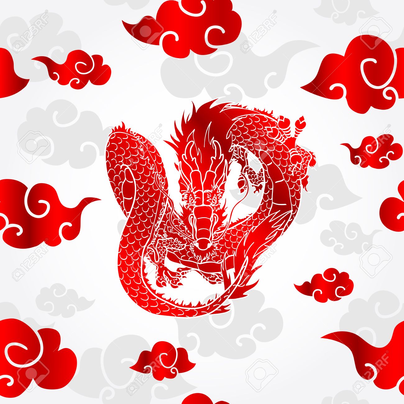赤い竜と白い背景の雲 飛行アジア中国のドラゴン パターン のイラスト素材 ベクタ Image