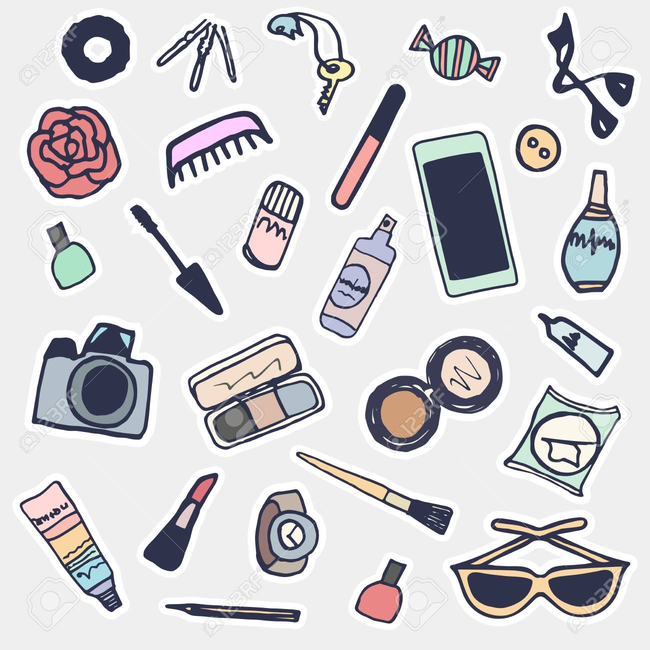Sticker beauty items set. Hand drawn cartoon fashion patches,..