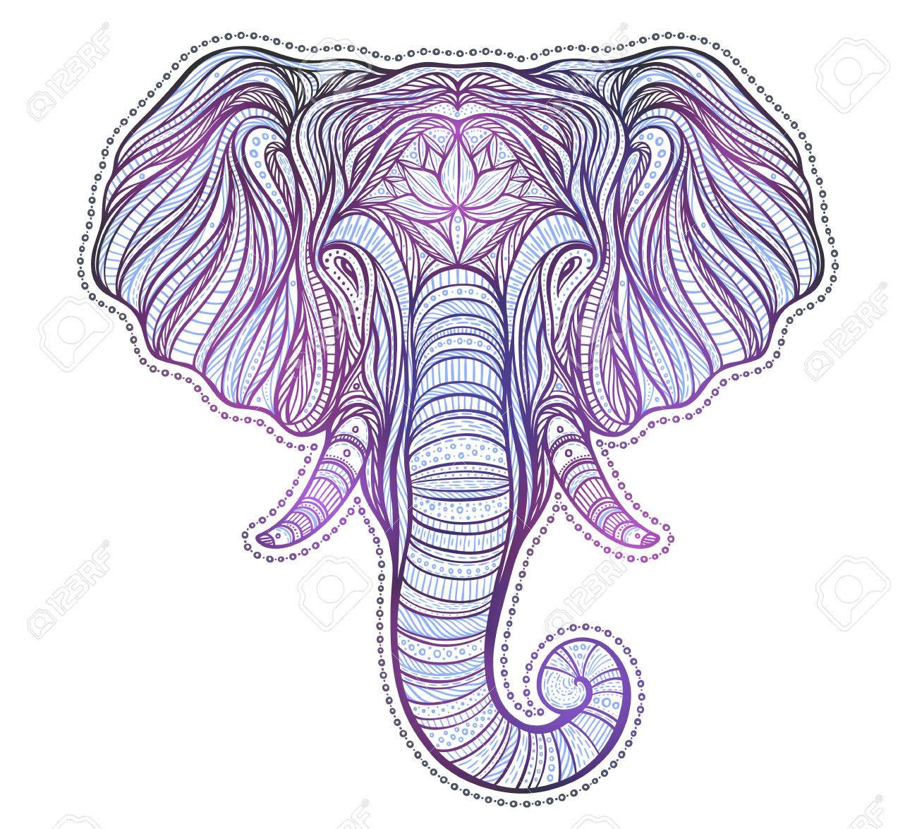 stylized ethnic boho elephant portrait isolated on white background
