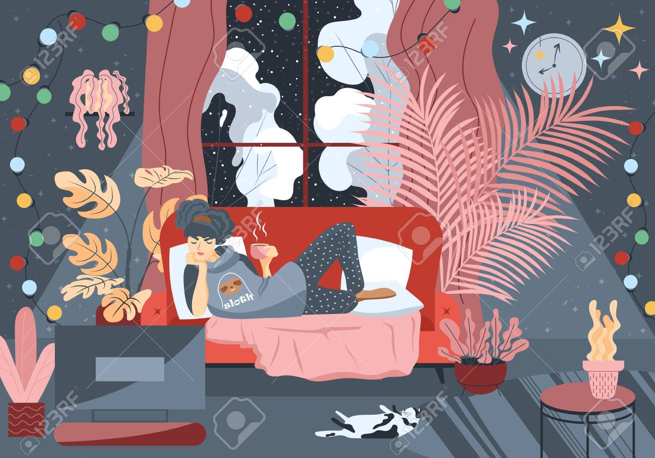 Cute Lazy Girl Lies On Couch. Daily Life By Young Woman In Cozy Interior  With Homeplants And Cat. Winter Longing. The Concept Of Depression, Apathy  And Laziness. Rest At Home, Relax In, image size:1300x910