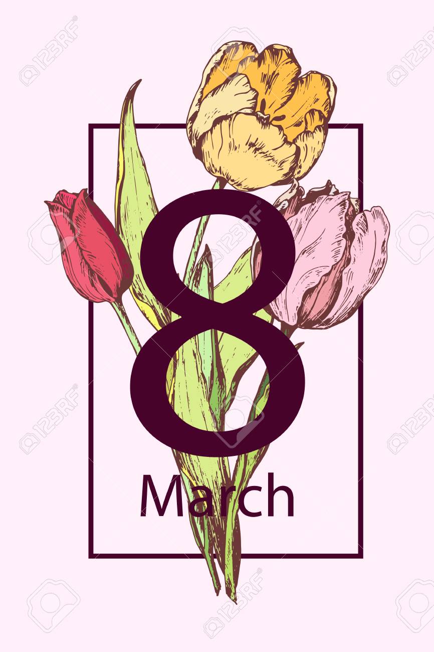 3月8日幸せな女性の母の日 花のグリーティングカード 手描き ベクトルのイラストのイラスト素材 ベクタ Image