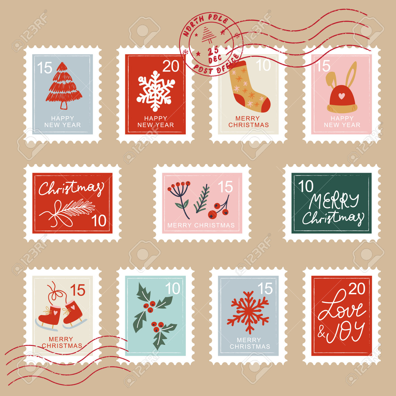 Hand Drawn Christmas Postage Stamp Collection. Royalty Free SVG, Cliparts,  Vectors, and Stock Illustration. Image 193554475., image size:1300x1300
