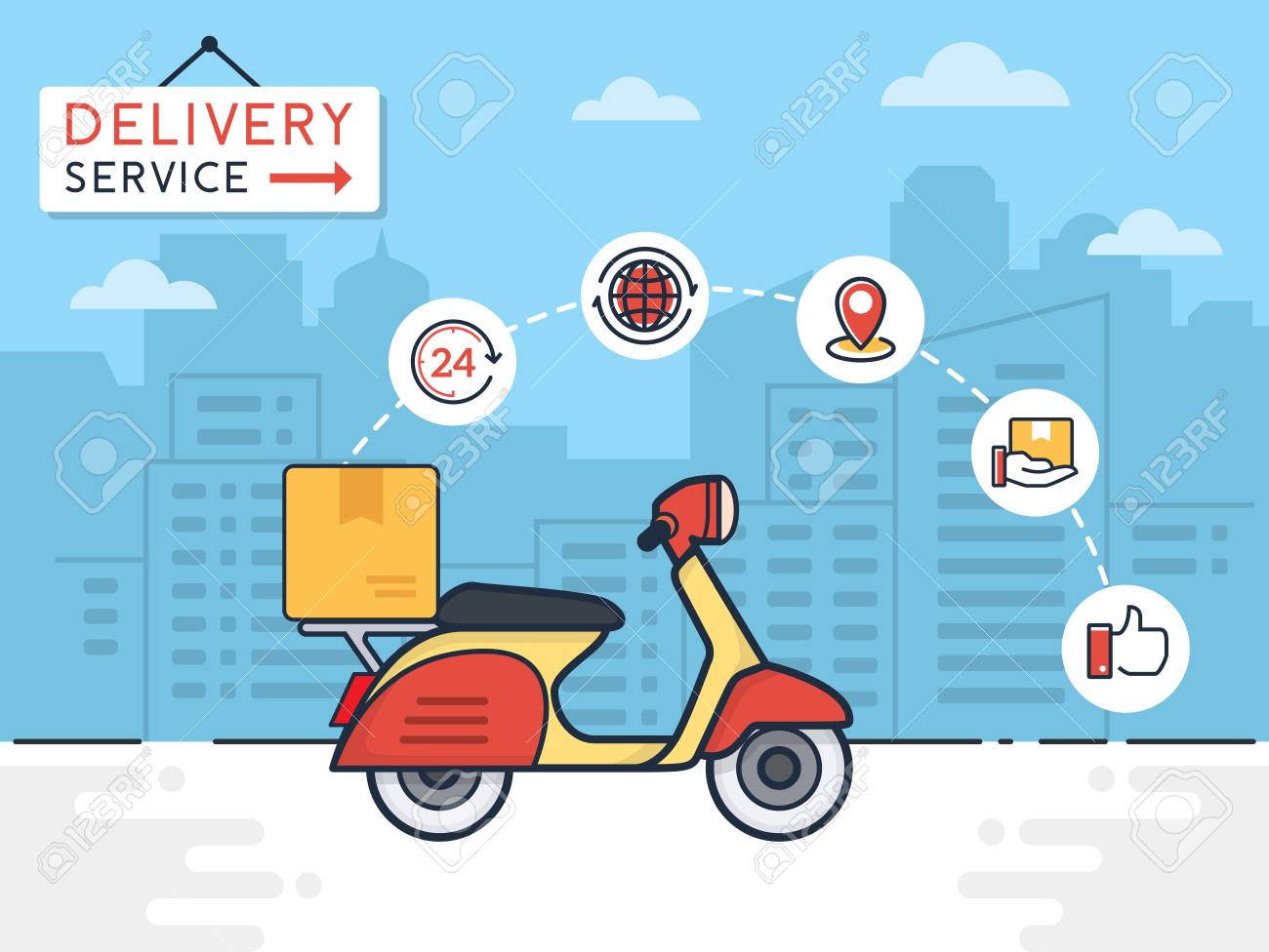 Delivery vector illustration. Delivery service with scooter motorcycle and cardboard boxes on city background. Delivery 24 hour concept. - 92934859 Delivery vector illustration. Delivery service with scooter motorcycle and cardboard boxes on city background. Delivery 24 hour concept. - 92934859