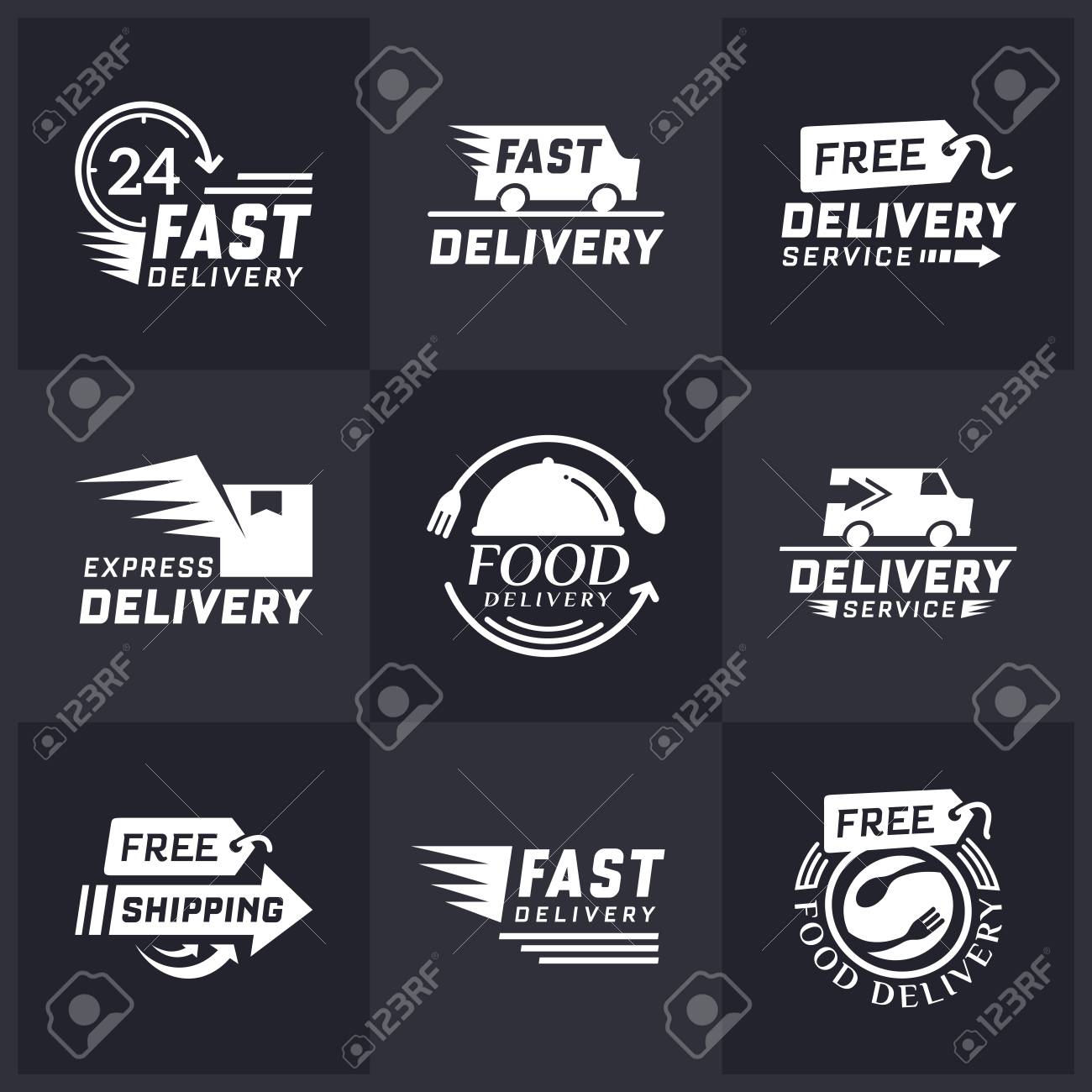 オンライン ショッピング用の配信ラベルのセット 世界的な出荷 看板とラベル無料配達 白色の高速配信ロゴタイプ 配信サービスアイコン 食品デリバリーデザイン のイラスト素材 ベクタ Image