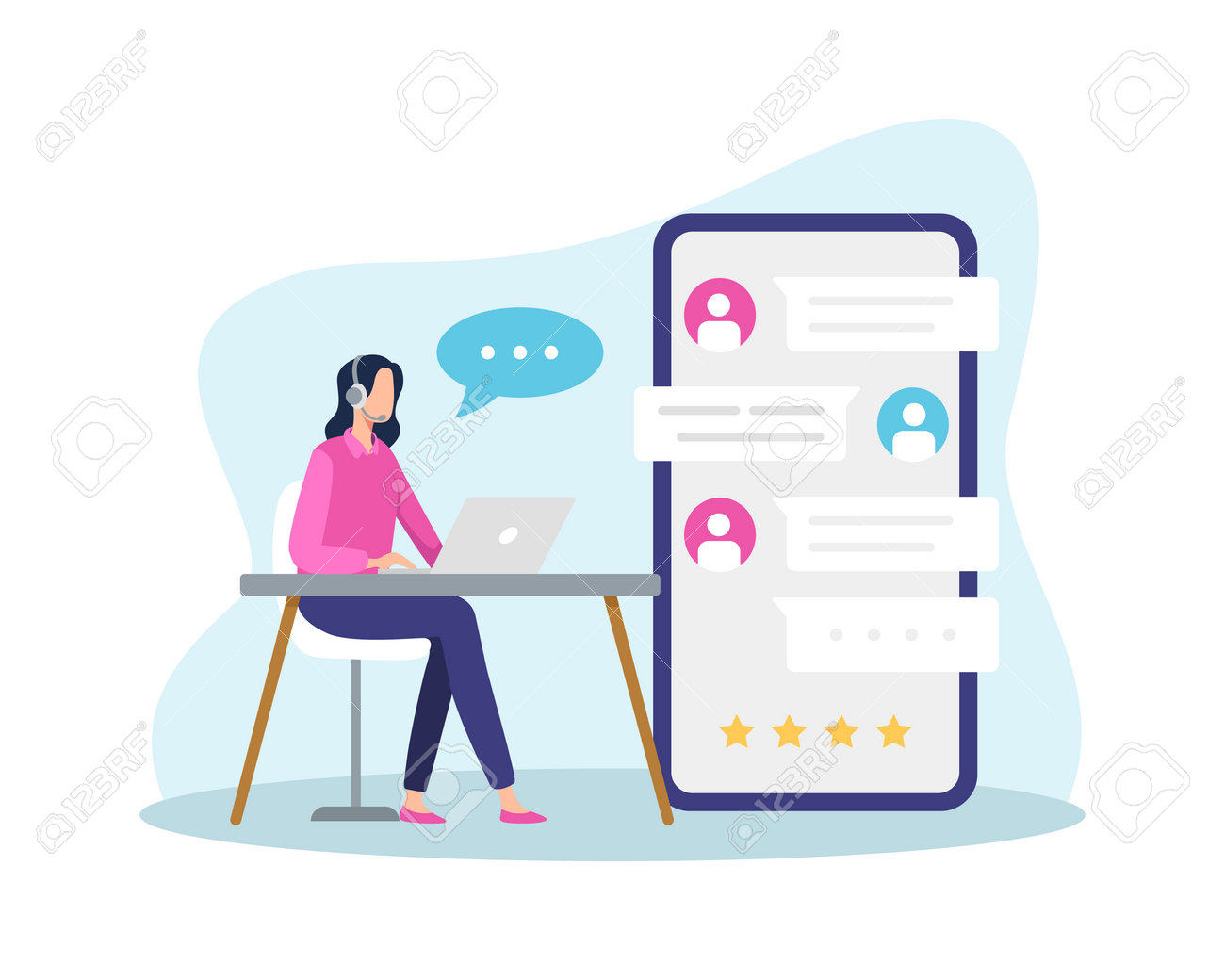 Female hotline operator answer customer with live chat, Chatting communication, Call center answer. Online global technical support. Vector in a flat style - 165417972 Female hotline operator answer customer with live chat, Chatting communication, Call center answer. Online global technical support. Vector in a flat style - 165417972