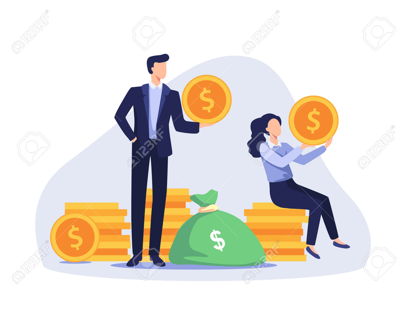 Successful businessman and businesswoman standing and sitting on coins stack. Profitable investment, Stock market income. Vector illustration in a flat style - 166401286 Successful businessman and businesswoman standing and sitting on coins stack. Profitable investment, Stock market income. Vector illustration in a flat style - 166401286