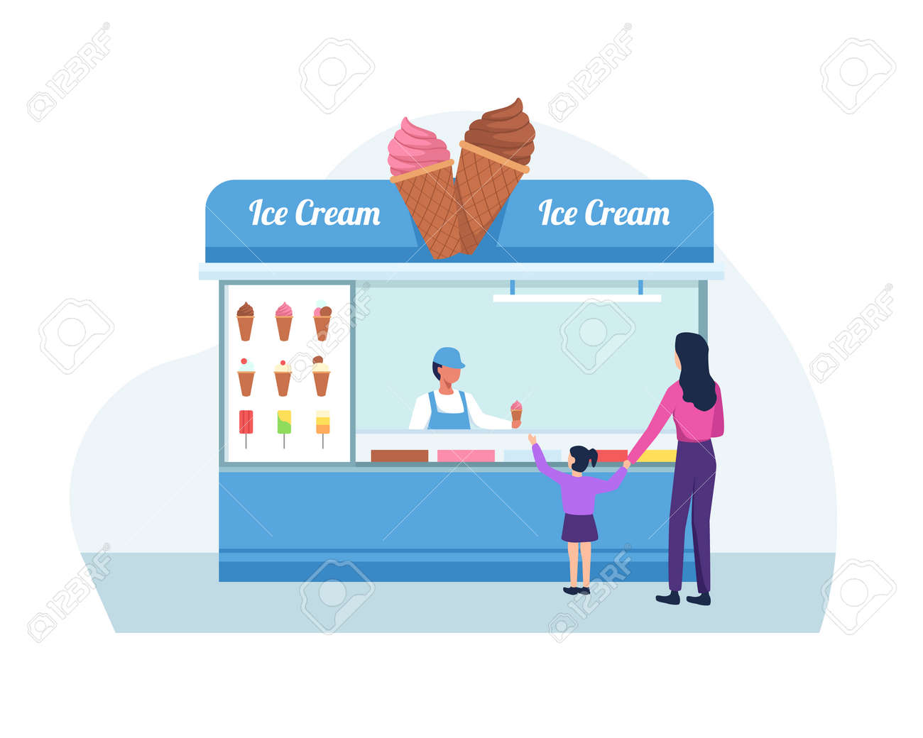 Ice cream seller, Mother and daughter buy ice cream. Shop owner holding the ice cream. Vector in a flat style - 167019509 Ice cream seller, Mother and daughter buy ice cream. Shop owner holding the ice cream. Vector in a flat style - 167019509