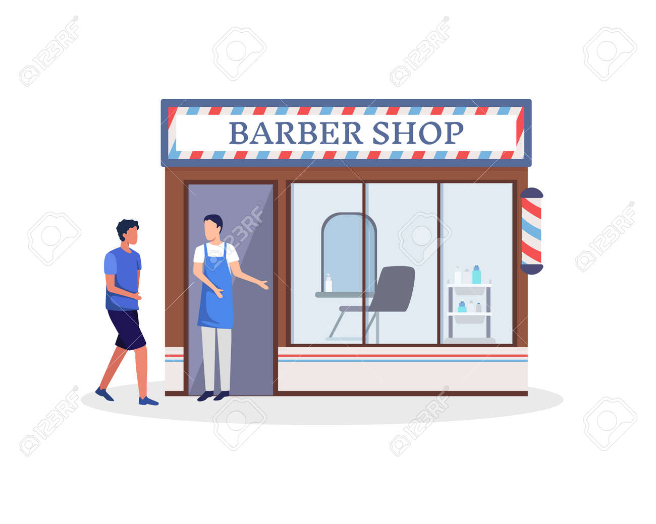 Barber stand in front of a haircut shop. Small business and self-employment concept with a man standing at the entrance to his barber shop. Vector in a flat style - 167019458 Barber stand in front of a haircut shop. Small business and self-employment concept with a man standing at the entrance to his barber shop. Vector in a flat style - 167019458