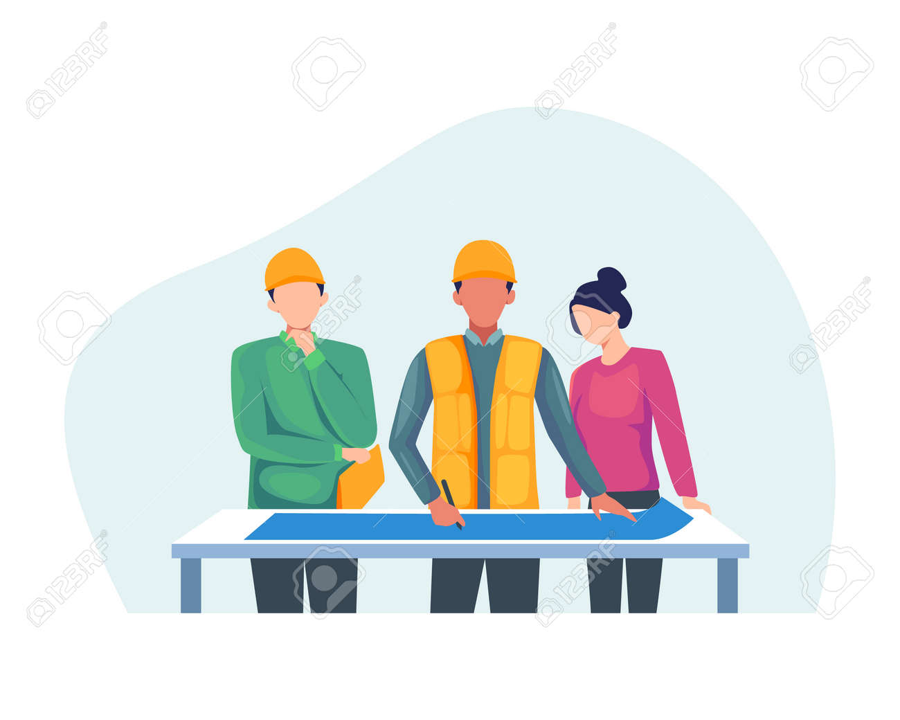 Construction worker holding blueprint, Architects discuss a project. Construction of buildings according to drawings, Contractor and engineer character. Vector in flat style - 168304452 Construction worker holding blueprint, Architects discuss a project. Construction of buildings according to drawings, Contractor and engineer character. Vector in flat style - 168304452