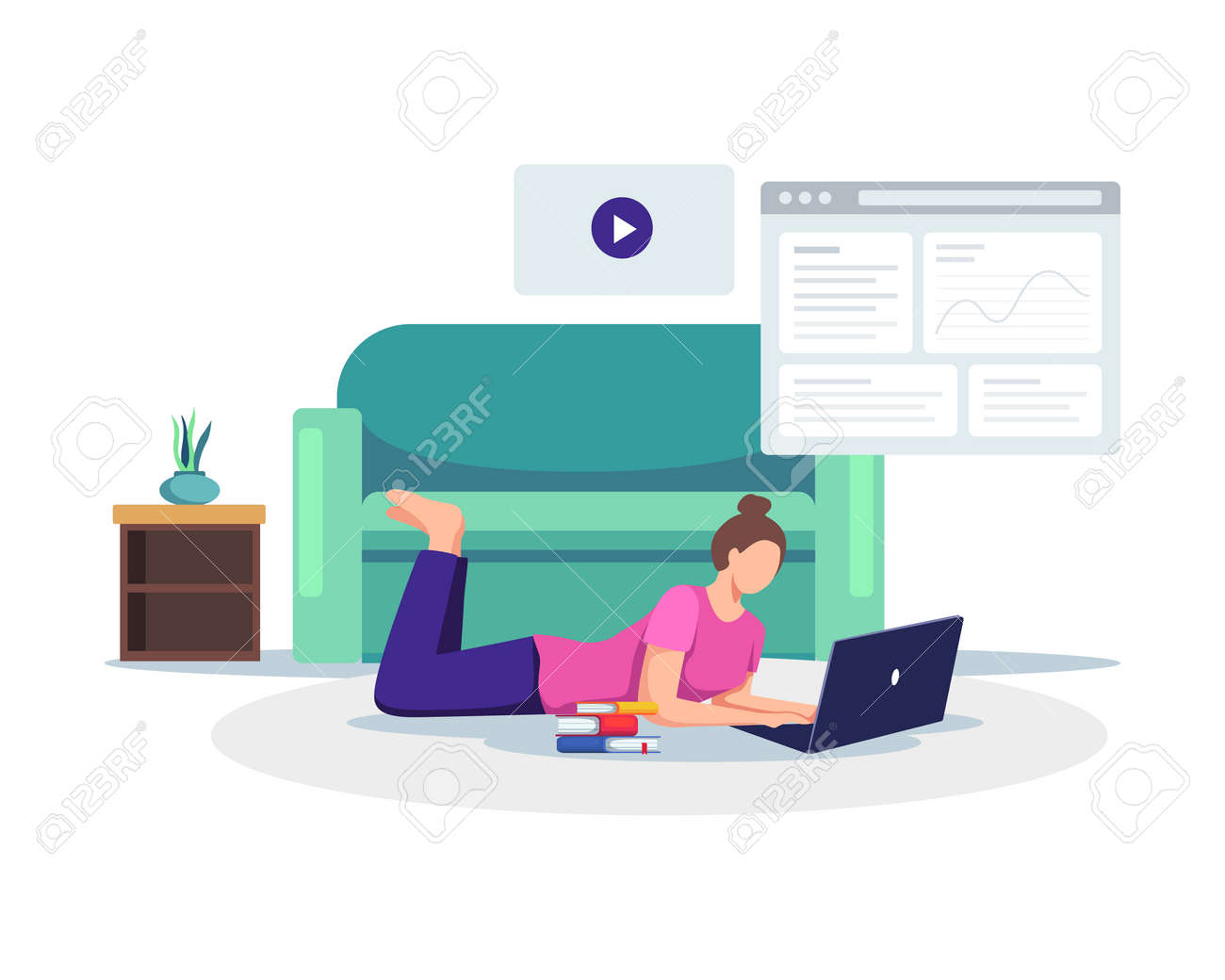 Young female student with laptop take online class from home. Student watching online courses, Working on test, E-learning, Online training. Vector in a flat style - 167488240 Young female student with laptop take online class from home. Student watching online courses, Working on test, E-learning, Online training. Vector in a flat style - 167488240