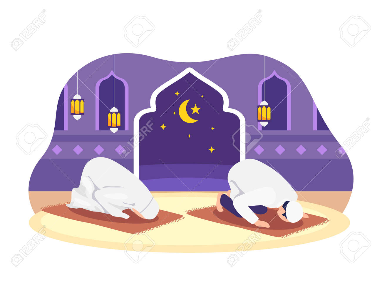 Muslim people tarawih prayer in congregation. Muslim Perform taraweeh prayer night during ramadan. Prayers in congregation at home. Vector in flat style - 168304453 Muslim people tarawih prayer in congregation. Muslim Perform taraweeh prayer night during ramadan. Prayers in congregation at home. Vector in flat style - 168304453