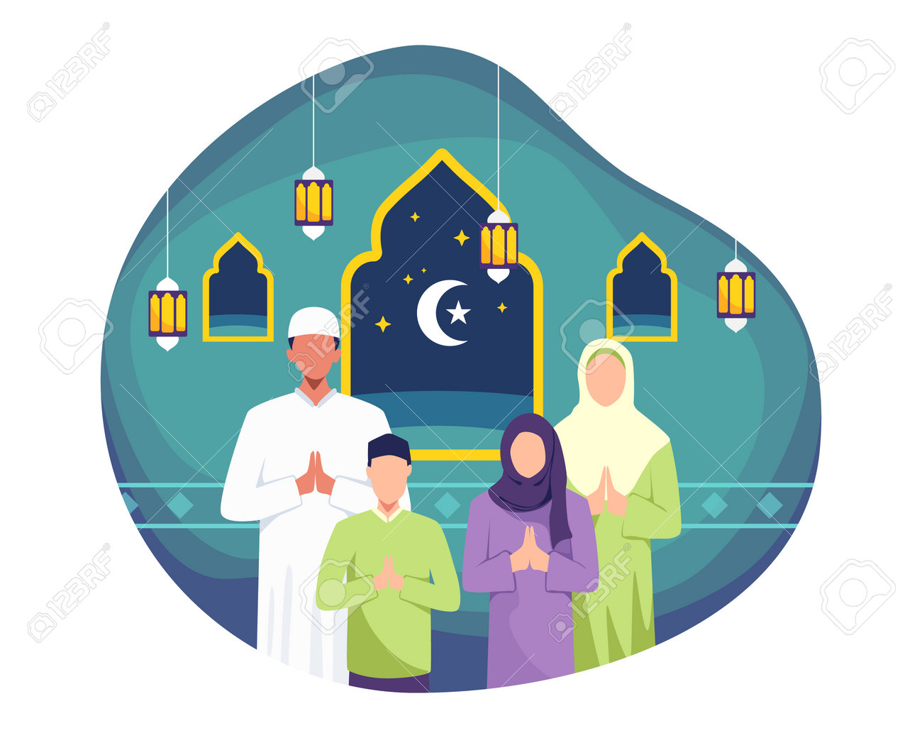 Happy family greeting and celebrating Eid mubarak. Man and his wife doing greeting, Muslim people wishing and greeting Eid al-fitr. Vector in a flat style - 168304454 Happy family greeting and celebrating Eid mubarak. Man and his wife doing greeting, Muslim people wishing and greeting Eid al-fitr. Vector in a flat style - 168304454