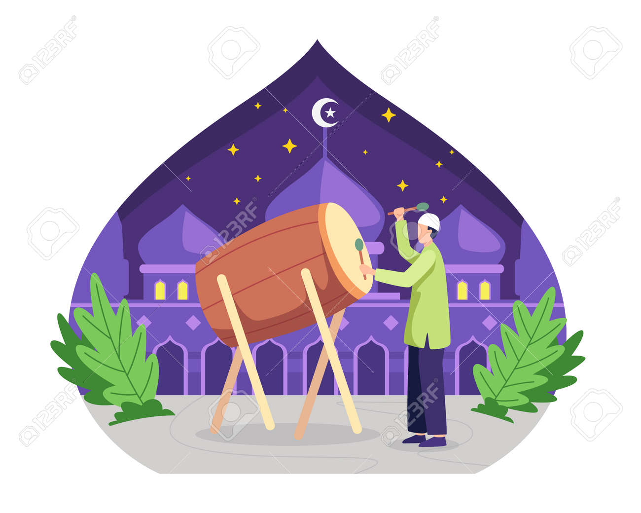 Happy muslim hitting drum and celebrating Eid Mubarak. Ramadan kareem celebration, Happy fasting and iftar party. Vector illustration in a flat style - 168304455 Happy muslim hitting drum and celebrating Eid Mubarak. Ramadan kareem celebration, Happy fasting and iftar party. Vector illustration in a flat style - 168304455