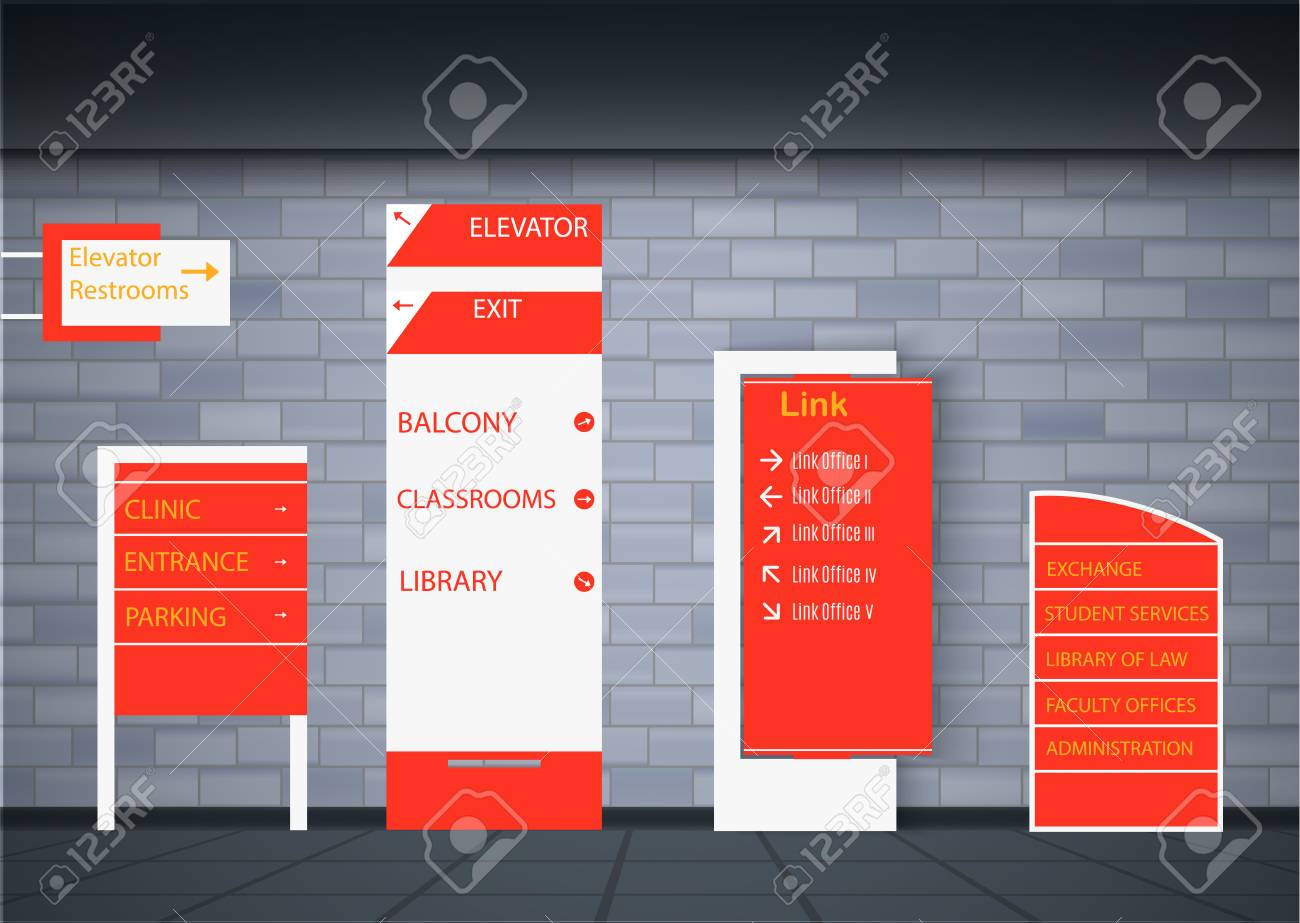 Set signage.Direction,pole, wall mount and traffic signage system design template set.Exterior and interior signage concep. Office exterior monument sign, pylon sign, signage,advertising construction. - 107408949 Set signage.Direction,pole, wall mount and traffic signage system design template set.Exterior and interior signage concep. Office exterior monument sign, pylon sign, signage,advertising construction. - 107408949