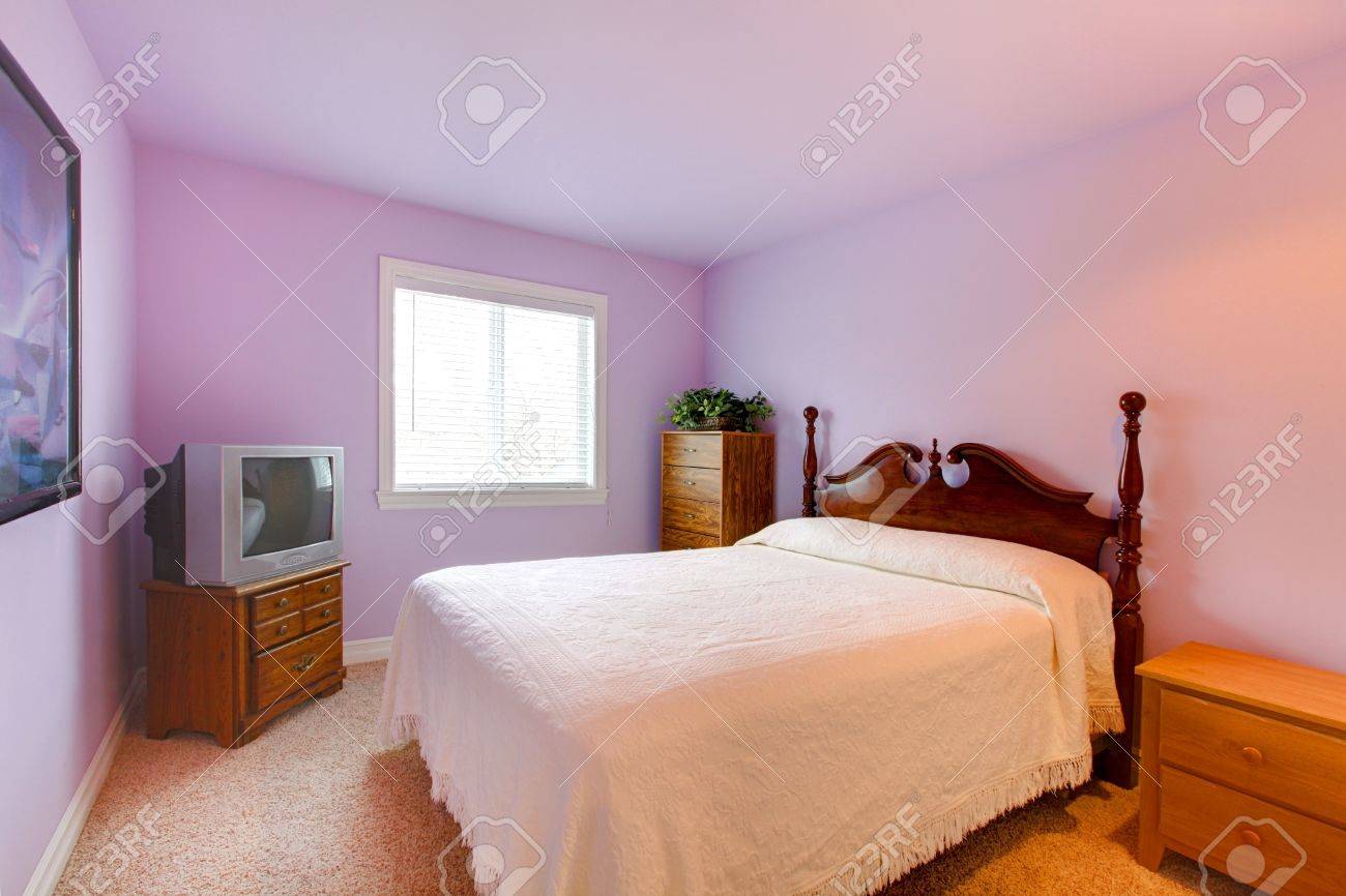 Bedroom With Purple Walls And White Bed. Stock Photo, Picture and Royalty  Free Image. Image 12311615., image size:1300x866