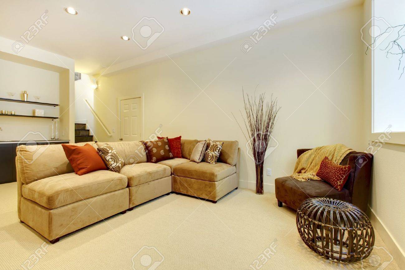 Basement Area With Living Room And Bathroom Near Bar Stock Photo