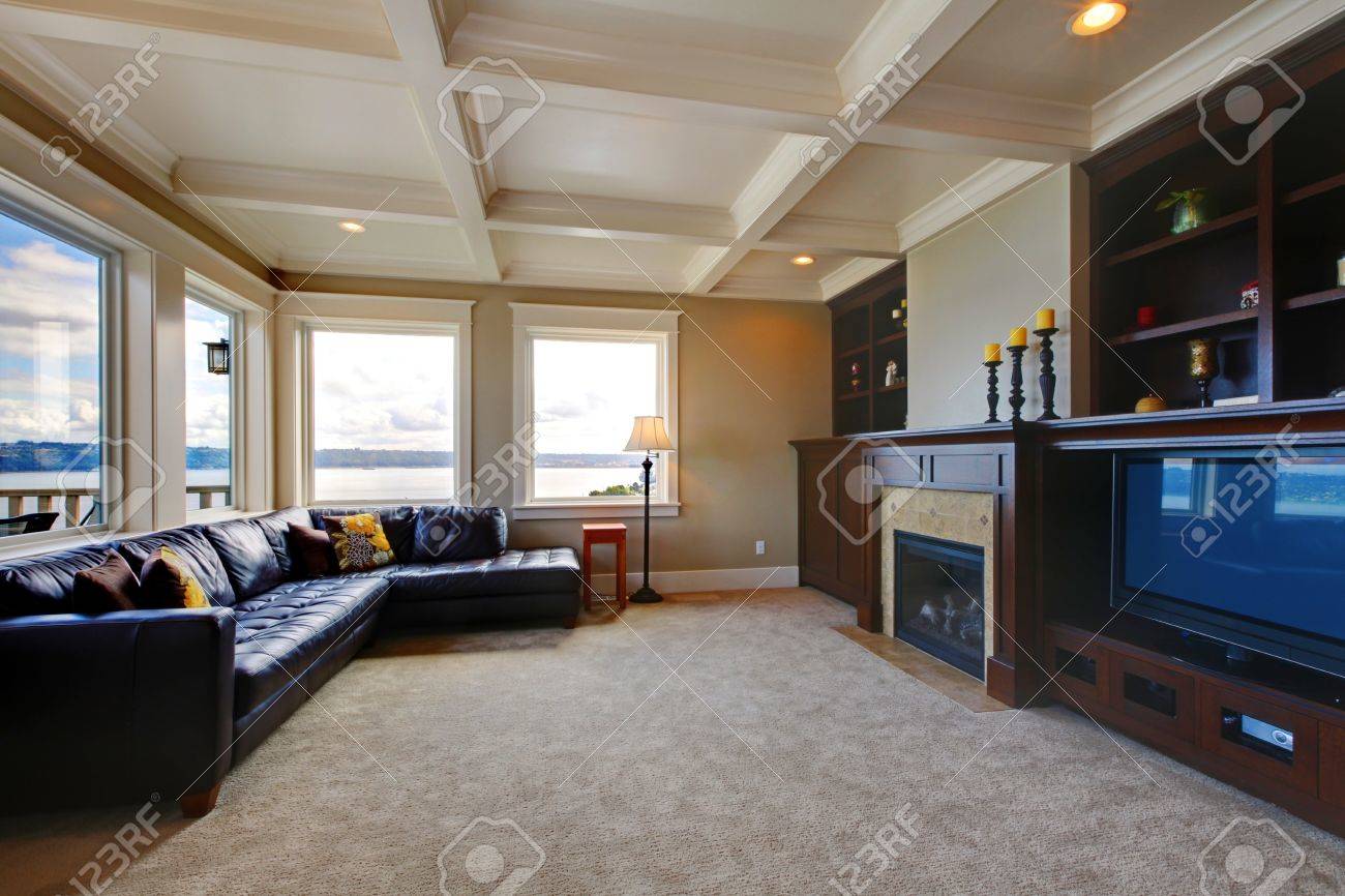 Luxury Living Rooms With Tv large luxury living room wth tv, water view, and shelves. stock Luxury Living Rooms With Tv large luxury living room wth tv, water view, and shelves. stock