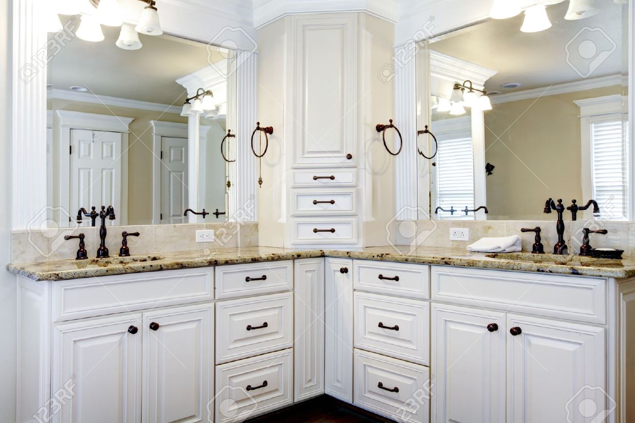 Luxury Large White Master Bathroom Cabinets With Double Sinks