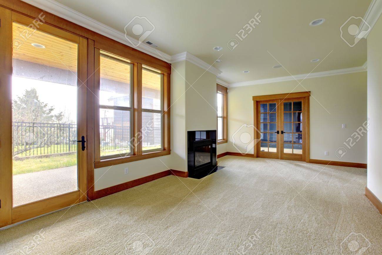 empty large room with fireplace new luxury home interior stock